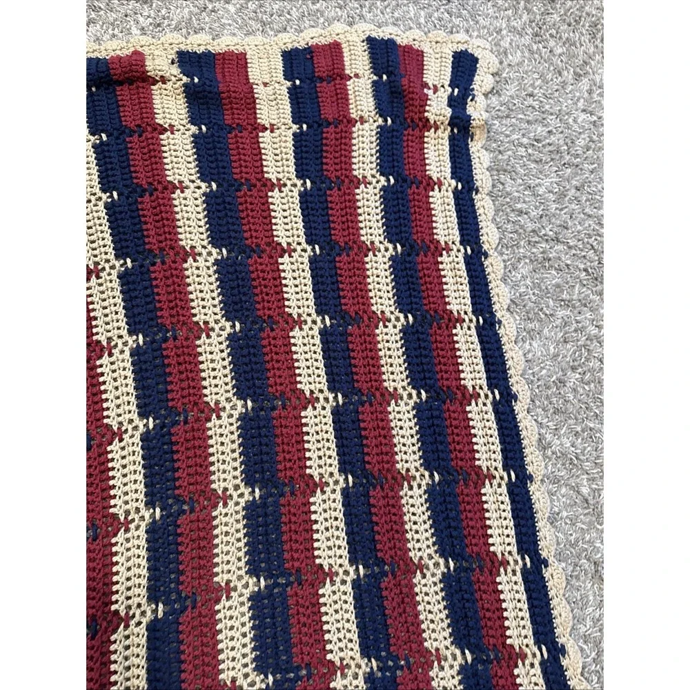 handmade crochet afghan / throw blanket 48x42 Blue Red Cream